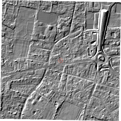 Shaded relief map of the ground around SL45AN, computed from Environment Agency LiDAR. The ground here sits at about 21 m above sea level and falls 9 m across the surrounding 800 m. Surface water reaching this point runs off ground lying to the south-west, 4.6 m higher.
