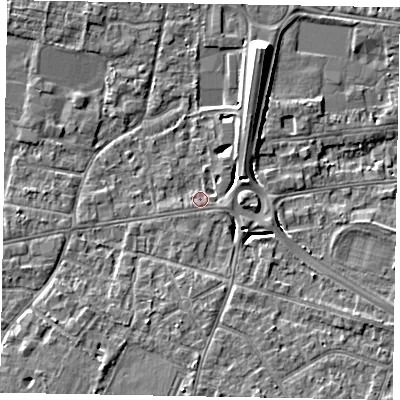 Shaded relief map of the ground around SL45AP, computed from Environment Agency LiDAR. The ground here sits at about 21 m above sea level and falls 9 m across the surrounding 800 m. Surface water reaching this point runs off ground lying to the east-south-east, 3.3 m higher.