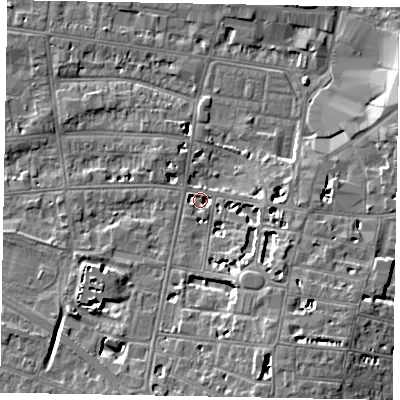 Shaded relief map of the ground around SL45AQ, computed from Environment Agency LiDAR. The ground here sits at about 21 m above sea level and falls 8 m across the surrounding 800 m. Surface water reaching this point runs off ground lying to the south-east, 7.6 m higher.