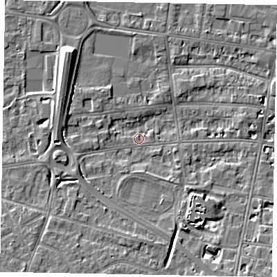 Shaded relief map of the ground around SL45AR, computed from Environment Agency LiDAR. The ground here sits at about 20 m above sea level and falls 9 m across the surrounding 800 m. Surface water reaching this point runs off ground lying to the south-south-east, 5.2 m higher.