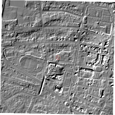 Shaded relief map of the ground around SL45AS, computed from Environment Agency LiDAR. The ground here sits at about 21 m above sea level and falls 8 m across the surrounding 800 m. Surface water reaching this point runs off ground lying to the south-south-east, 6.0 m higher.