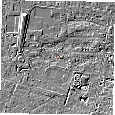 Shaded relief map of the ground around SL45AT, computed from Environment Agency LiDAR. The ground here sits at about 20 m above sea level and falls 9 m across the surrounding 800 m. Surface water reaching this point runs off ground lying to the south-south-east, 5.6 m higher.