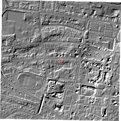 Shaded relief map of the ground around SL45AU, computed from Environment Agency LiDAR. The ground here sits at about 21 m above sea level and falls 8 m across the surrounding 800 m. Surface water reaching this point runs off ground lying to the south-south-west, 4.7 m higher.
