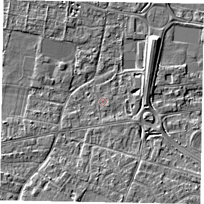 Shaded relief map of the ground around SL45AW, computed from Environment Agency LiDAR. The ground here sits at about 21 m above sea level and falls 9 m across the surrounding 800 m. Surface water reaching this point runs off ground lying to the south-east, 0.7 m higher.