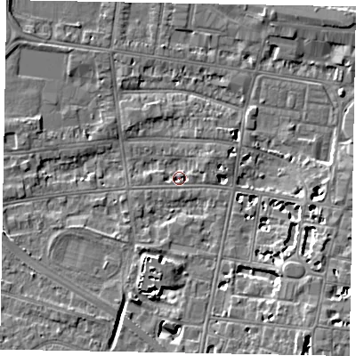 Shaded relief map of the ground around SL45AX, computed from Environment Agency LiDAR. The ground here sits at about 20 m above sea level and falls 8 m across the surrounding 800 m. Surface water reaching this point runs off ground lying to the south-east, 6.3 m higher.