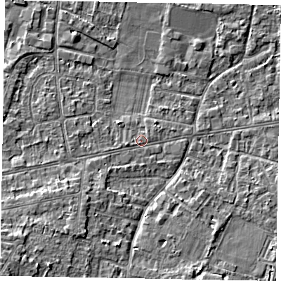 Shaded relief map of the ground around SL45AY, computed from Environment Agency LiDAR. The ground here sits at about 22 m above sea level and falls 11 m across the surrounding 800 m. Surface water reaching this point runs off ground lying to the south-west, 1.4 m higher.