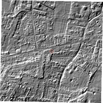 Shaded relief map of the ground around SL45AZ, computed from Environment Agency LiDAR. The ground here sits at about 22 m above sea level and falls 15 m across the surrounding 800 m. Surface water reaching this point runs off ground lying to the south-south-west, 2.7 m higher.