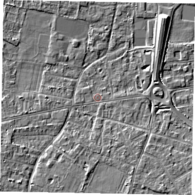 Shaded relief map of the ground around SL45BG, computed from Environment Agency LiDAR. The ground here sits at about 21 m above sea level and falls 9 m across the surrounding 800 m. Surface water reaching this point runs off ground lying to the south-south-east, 2.9 m higher.