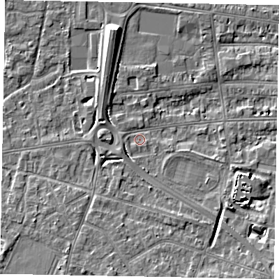 Shaded relief map of the ground around SL45BL, computed from Environment Agency LiDAR. The ground here sits at about 21 m above sea level and falls 9 m across the surrounding 800 m. Surface water reaching this point runs off ground lying to the south, 5.6 m higher.