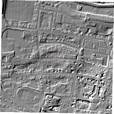 Shaded relief map of the ground around SL45BP, computed from Environment Agency LiDAR. The ground here sits at about 20 m above sea level and falls 9 m across the surrounding 800 m. Surface water reaching this point runs off ground lying to the south-south-west, 4.8 m higher.
