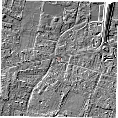 Shaded relief map of the ground around SL45BQ, computed from Environment Agency LiDAR. The ground here sits at about 21 m above sea level and falls 9 m across the surrounding 800 m. Surface water reaching this point runs off ground lying to the south-west, 5.2 m higher.