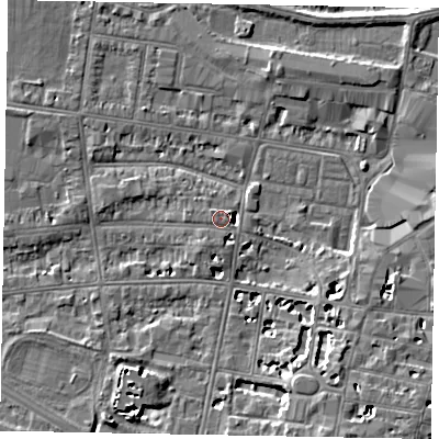 Shaded relief map of the ground around SL45BS, computed from Environment Agency LiDAR. The ground here sits at about 21 m above sea level and falls 8 m across the surrounding 800 m. Surface water reaching this point runs off ground lying to the south-south-west, 2.7 m higher.