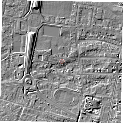 Shaded relief map of the ground around SL45BT, computed from Environment Agency LiDAR. The ground here sits at about 20 m above sea level and falls 9 m across the surrounding 800 m. Surface water reaching this point runs off ground lying to the south-south-east, 5.5 m higher.