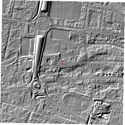Shaded relief map of the ground around SL45BU, computed from Environment Agency LiDAR. The ground here sits at about 20 m above sea level and falls 9 m across the surrounding 800 m. Surface water reaching this point runs off ground lying to the south-south-east, 5.5 m higher.