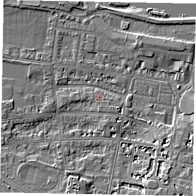 Shaded relief map of the ground around SL45BW, computed from Environment Agency LiDAR. The ground here sits at about 21 m above sea level and falls 7 m across the surrounding 800 m. Surface water reaching this point runs off ground lying to the south-west, 0.8 m higher.