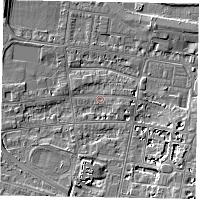 Shaded relief map of the ground around SL45BX, computed from Environment Agency LiDAR. The ground here sits at about 20 m above sea level and falls 9 m across the surrounding 800 m. Surface water reaching this point runs off ground lying to the south-south-west, 4.8 m higher.
