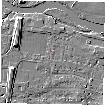 Shaded relief map of the ground around SL45BY, computed from Environment Agency LiDAR. The ground here sits at about 20 m above sea level and falls 10 m across the surrounding 800 m. Surface water reaching this point runs off ground lying to the east-north-east, 1.0 m higher.