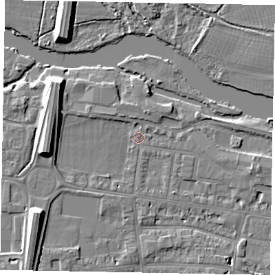 Shaded relief map of the ground around SL45BZ, computed from Environment Agency LiDAR. The ground here sits at about 20 m above sea level and falls 10 m across the surrounding 800 m. Surface water reaching this point runs off ground lying to the west, 7.8 m higher.