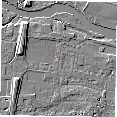 Shaded relief map of the ground around SL45DA, computed from Environment Agency LiDAR. The ground here sits at about 20 m above sea level and falls 10 m across the surrounding 800 m. Surface water reaching this point runs off ground lying to the west-south-west, 1.1 m higher.