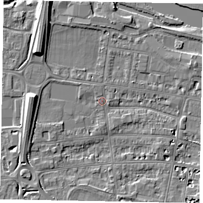 Shaded relief map of the ground around SL45DB, computed from Environment Agency LiDAR. The ground here sits at about 20 m above sea level and falls 9 m across the surrounding 800 m. Surface water reaching this point runs off ground lying to the west-south-west, 5.2 m higher.