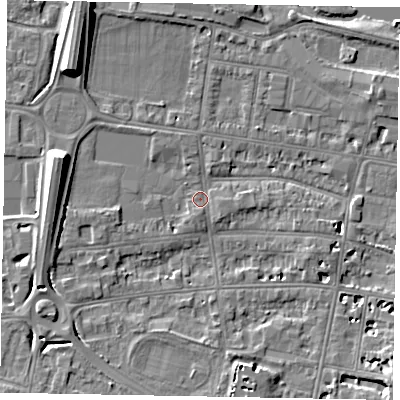 Shaded relief map of the ground around SL45DD, computed from Environment Agency LiDAR. The ground here sits at about 20 m above sea level and falls 9 m across the surrounding 800 m. Surface water reaching this point runs off ground lying to the east, 2.4 m higher.