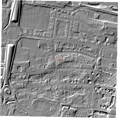 Shaded relief map of the ground around SL45DF, computed from Environment Agency LiDAR. The ground here sits at about 21 m above sea level and falls 9 m across the surrounding 800 m. Surface water reaching this point runs off ground lying to the south, 1.0 m higher.