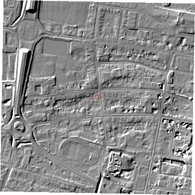 Shaded relief map of the ground around SL45DG, computed from Environment Agency LiDAR. The ground here sits at about 20 m above sea level and falls 9 m across the surrounding 800 m. Surface water reaching this point runs off ground lying to the south-east, 6.2 m higher.