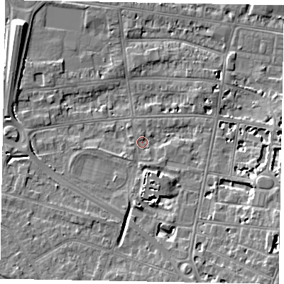Shaded relief map of the ground around SL45DH, computed from Environment Agency LiDAR. The ground here sits at about 20 m above sea level and falls 9 m across the surrounding 800 m. Surface water reaching this point runs off ground lying to the south-south-east, 6.0 m higher.