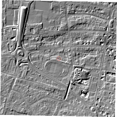 Shaded relief map of the ground around SL45DJ, computed from Environment Agency LiDAR. The ground here sits at about 21 m above sea level and falls 9 m across the surrounding 800 m. Surface water reaching this point runs off ground lying to the south-east, 6.2 m higher.