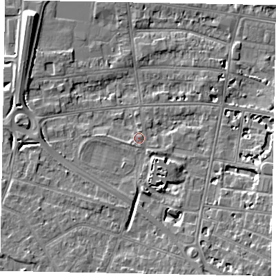 Shaded relief map of the ground around SL45DL, computed from Environment Agency LiDAR. The ground here sits at about 21 m above sea level and falls 9 m across the surrounding 800 m. Surface water reaching this point runs off ground lying to the south-east, 3.2 m higher.