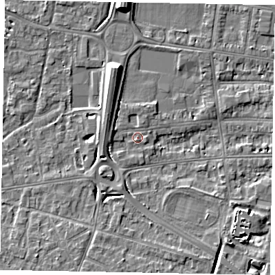 Shaded relief map of the ground around SL45DP, computed from Environment Agency LiDAR. The ground here sits at about 21 m above sea level and falls 9 m across the surrounding 800 m. Surface water reaching this point runs off ground lying to the west-north-west, 3.3 m higher.
