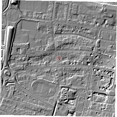Shaded relief map of the ground around SL45DQ, computed from Environment Agency LiDAR. The ground here sits at about 20 m above sea level and falls 9 m across the surrounding 800 m. Surface water reaching this point runs off ground lying to the south-east, 6.4 m higher.