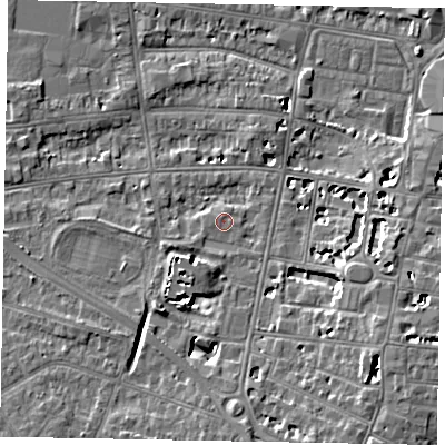 Shaded relief map of the ground around SL45DR, computed from Environment Agency LiDAR. The ground here sits at about 21 m above sea level and falls 8 m across the surrounding 800 m. Surface water reaching this point runs off ground lying to the south, 1.0 m higher.