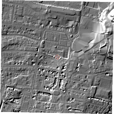 Shaded relief map of the ground around SL45DT, computed from Environment Agency LiDAR. The ground here sits at about 21 m above sea level and falls 21 m across the surrounding 800 m. Surface water reaching this point runs off ground lying to the south-east, 3.2 m higher.
