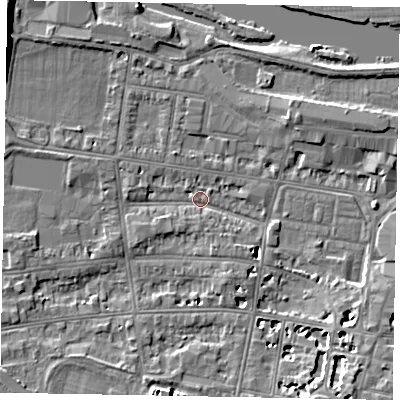 Shaded relief map of the ground around SL45DU, computed from Environment Agency LiDAR. The ground here sits at about 20 m above sea level and falls 9 m across the surrounding 800 m. Surface water reaching this point runs off ground lying to the south-east, 2.4 m higher.