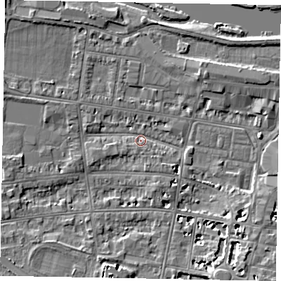 Shaded relief map of the ground around SL45DX, computed from Environment Agency LiDAR. The ground here sits at about 20 m above sea level and falls 7 m across the surrounding 800 m. Surface water reaching this point runs off ground lying to the south-east, 2.1 m higher.