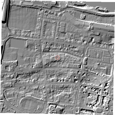 Shaded relief map of the ground around SL45DY, computed from Environment Agency LiDAR. The ground here sits at about 21 m above sea level and falls 9 m across the surrounding 800 m. Surface water reaching this point runs off ground lying to the east-south-east, 2.1 m higher.