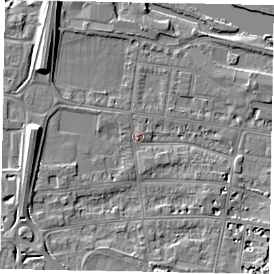 Shaded relief map of the ground around SL45EA, computed from Environment Agency LiDAR. The ground here sits at about 21 m above sea level and falls 9 m across the surrounding 800 m. Surface water reaching this point runs off ground lying to the west-south-west, 5.2 m higher.