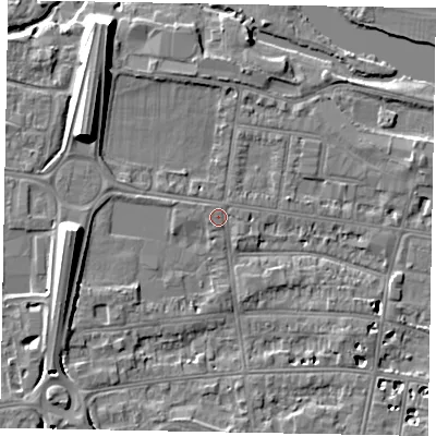 Shaded relief map of the ground around SL45EB, computed from Environment Agency LiDAR. The ground here sits at about 21 m above sea level and falls 10 m across the surrounding 800 m. Surface water reaching this point runs off ground lying to the south-south-east, 0.5 m higher.