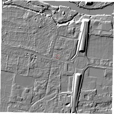 Shaded relief map of the ground around SL45ED, computed from Environment Agency LiDAR. The ground here sits at about 21 m above sea level and falls 10 m across the surrounding 800 m. Surface water reaching this point runs off ground lying to the north, 1.2 m higher.