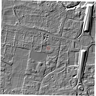 Shaded relief map of the ground around SL45EG, computed from Environment Agency LiDAR. The ground here sits at about 21 m above sea level and falls 9 m across the surrounding 800 m. Surface water reaching this point runs off ground lying to the west-north-west, 0.9 m higher.