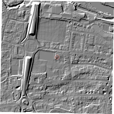 Shaded relief map of the ground around SL45EH, computed from Environment Agency LiDAR. The ground here sits at about 21 m above sea level and falls 10 m across the surrounding 800 m. Surface water reaching this point runs off ground lying to the north-west, 1.0 m higher.
