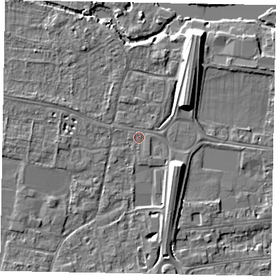 Shaded relief map of the ground around SL45EJ, computed from Environment Agency LiDAR. The ground here sits at about 21 m above sea level and falls 10 m across the surrounding 800 m. Surface water reaching this point runs off ground lying to the west-north-west, 2.0 m higher.