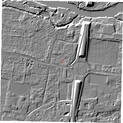 Shaded relief map of the ground around SL45EL, computed from Environment Agency LiDAR. The ground here sits at about 21 m above sea level and falls 10 m across the surrounding 800 m. Surface water reaching this point runs off ground lying to the east-south-east, 0.7 m higher.