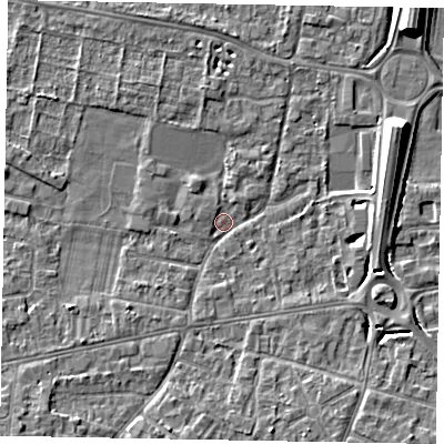 Shaded relief map of the ground around SL45EN, computed from Environment Agency LiDAR. The ground here sits at about 20 m above sea level and falls 9 m across the surrounding 800 m. Surface water reaching this point runs off ground lying to the east-north-east, 8.4 m higher.