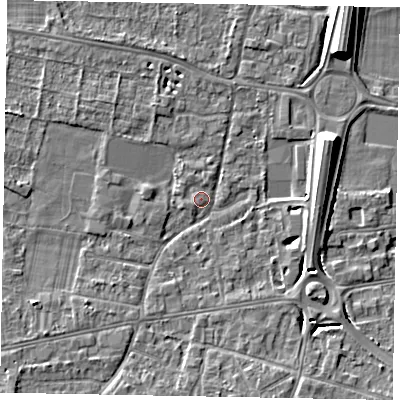 Shaded relief map of the ground around SL45EP, computed from Environment Agency LiDAR. The ground here sits at about 21 m above sea level and falls 9 m across the surrounding 800 m. Surface water reaching this point runs off ground lying to the east-north-east, 8.4 m higher.