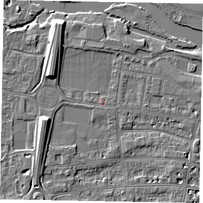 Shaded relief map of the ground around SL45EQ, computed from Environment Agency LiDAR. The ground here sits at about 21 m above sea level and falls 10 m across the surrounding 800 m. Surface water reaching this point runs off ground lying to the south-south-east, 1.0 m higher.
