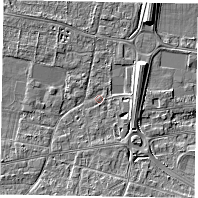 Shaded relief map of the ground around SL45ER, computed from Environment Agency LiDAR. The ground here sits at about 21 m above sea level and falls 9 m across the surrounding 800 m. Surface water reaching this point runs off ground lying to the north-east, 8.4 m higher.