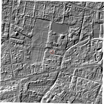 Shaded relief map of the ground around SL45ES, computed from Environment Agency LiDAR. The ground here sits at about 21 m above sea level and falls 7 m across the surrounding 800 m. Surface water reaching this point runs off ground lying to the south, 1.4 m higher.