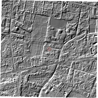 Shaded relief map of the ground around SL45ET, computed from Environment Agency LiDAR. The ground here sits at about 21 m above sea level and falls 7 m across the surrounding 800 m. Surface water reaching this point runs off ground lying to the south, 1.4 m higher.